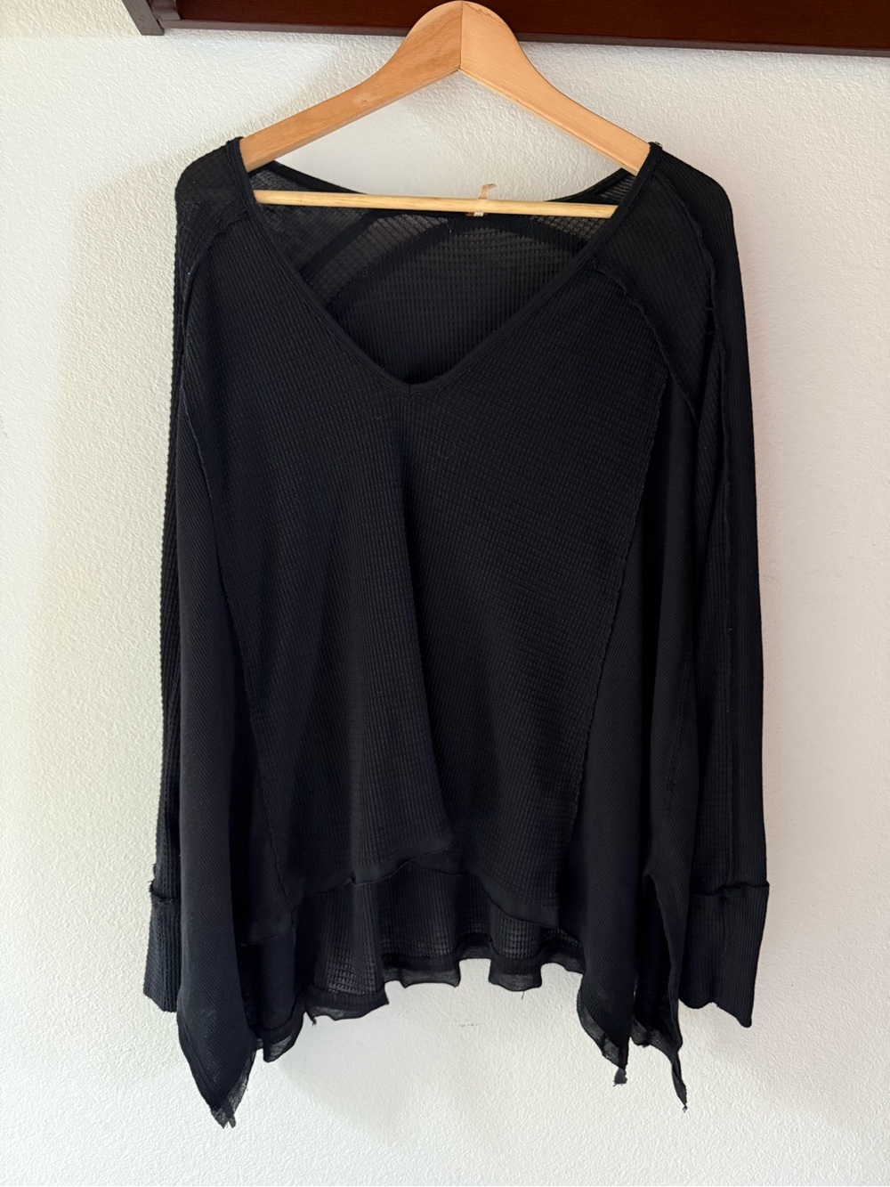 Free People Black V-Neck Oversized Waffle Weave Thermal Lightweight Top